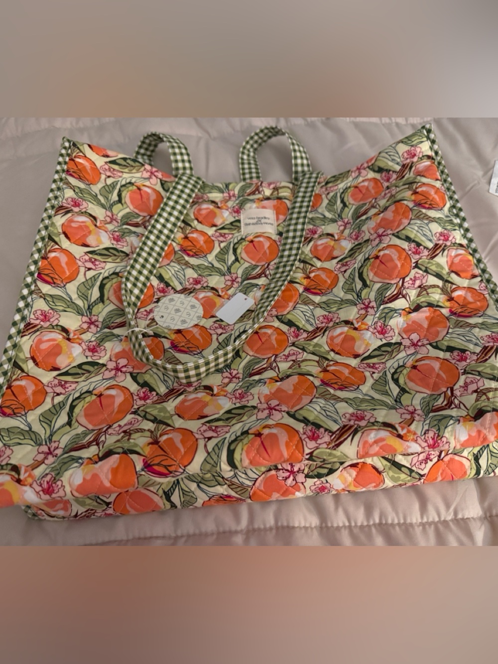 🐝 NEW🐝 Peach Print Quilted Tote with Green Gingham Trim B & BW. Take2